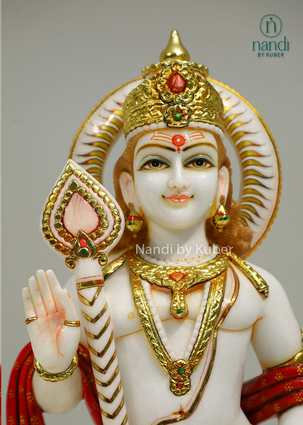 Handcrafted marble statue of Lord Kartikeya (Murugan Swami) with his sacred peacock, beautifully detailed and ideal for devotional and spiritual décor.