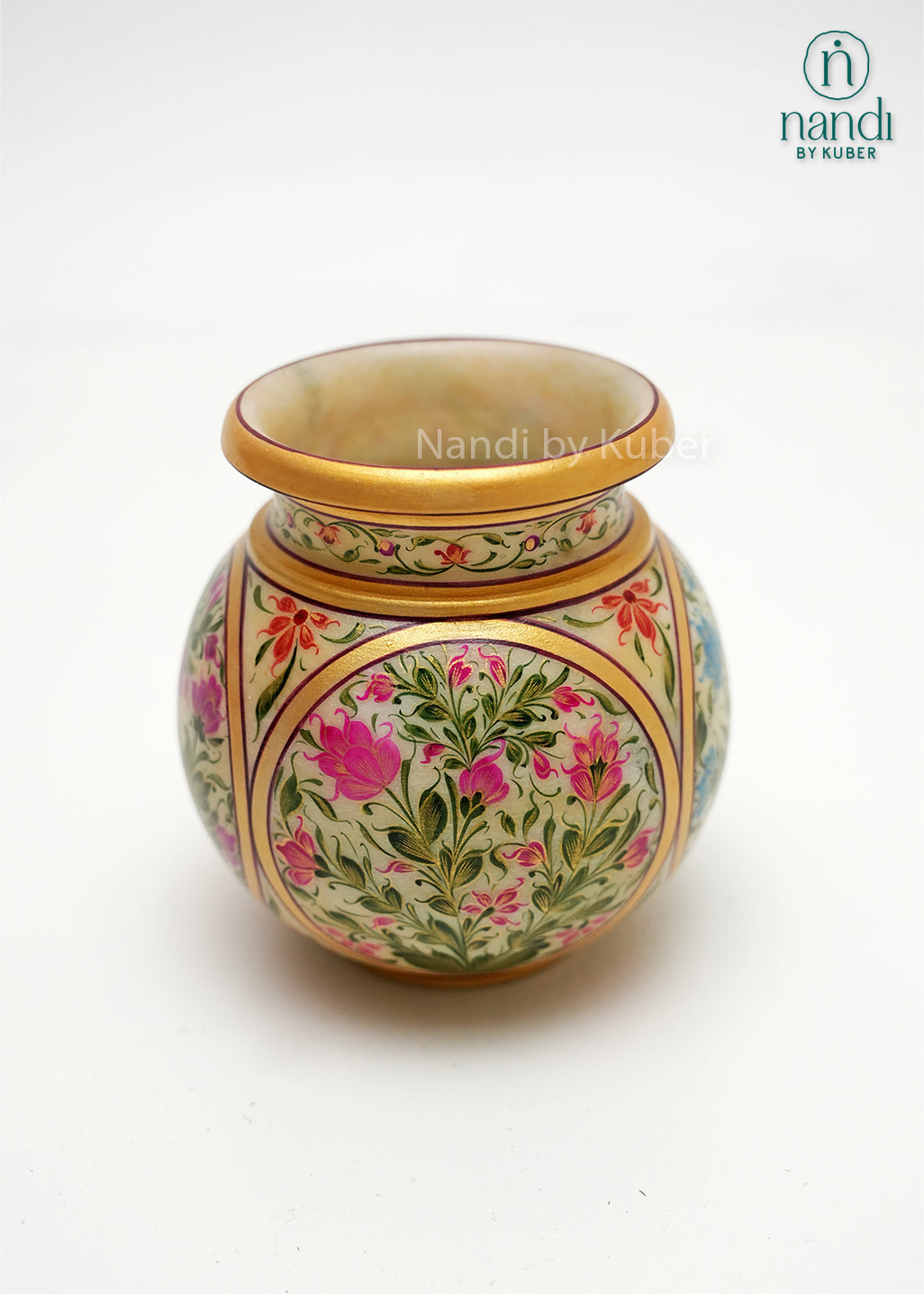Decorative hand-painted marble Lota vase with vibrant floral artwork, gold detailing, and traditional craftsmanship, ideal for home décor, tabletop styling, gifting, and Indian heritage interiors.