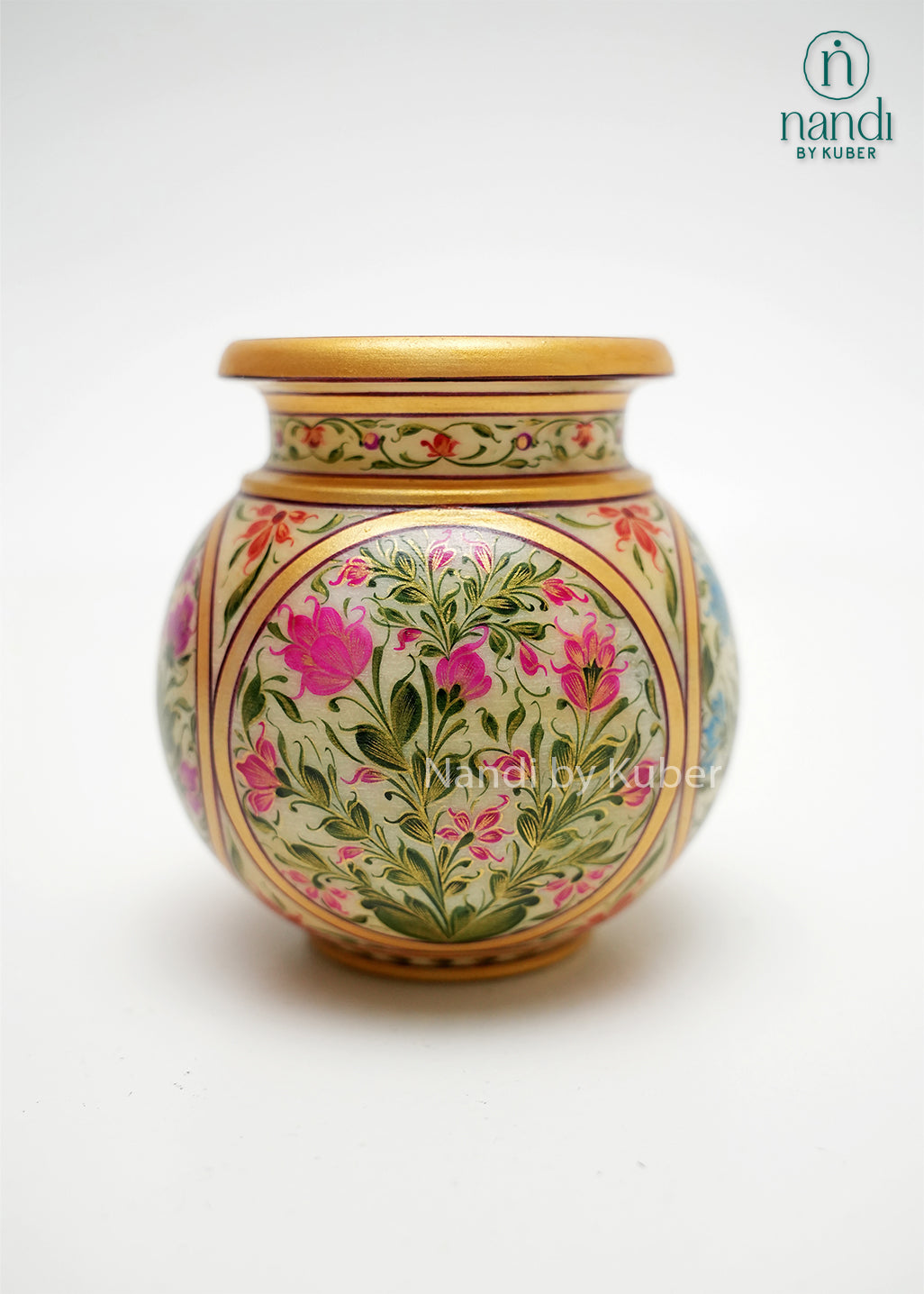 Decorative hand-painted marble Lota vase with vibrant floral artwork, gold detailing, and traditional craftsmanship, ideal for home décor, tabletop styling, gifting, and Indian heritage interiors.