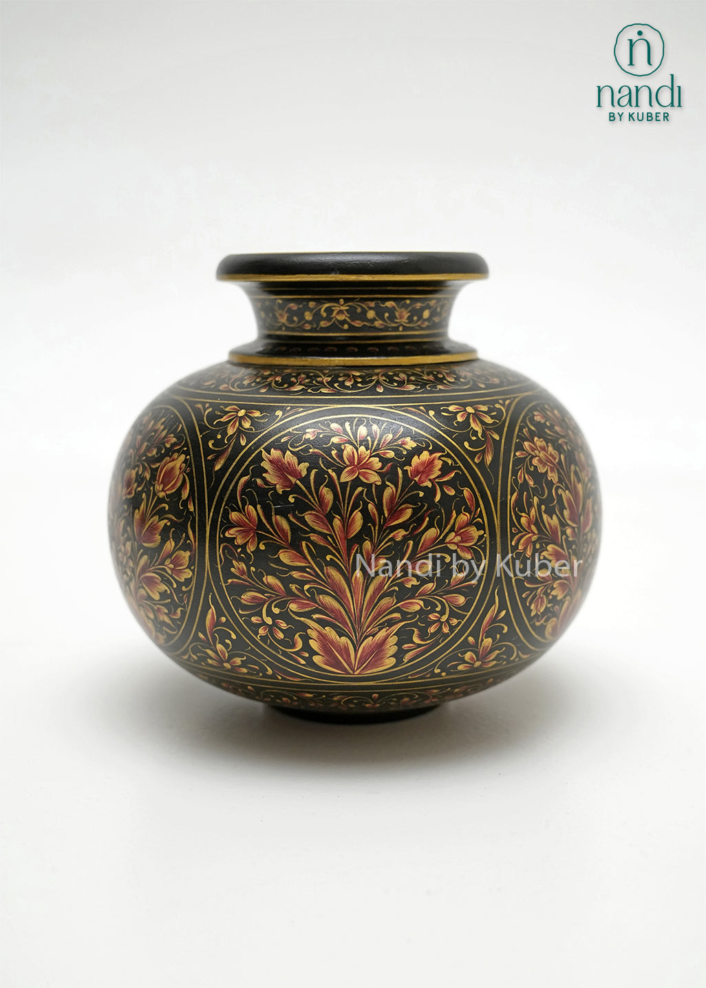 Decorative hand-painted marble matka vase with ornate floral artwork and gold detailing on a black finish, showcasing traditional Indian craftsmanship for luxury home décor and elegant interior styling.