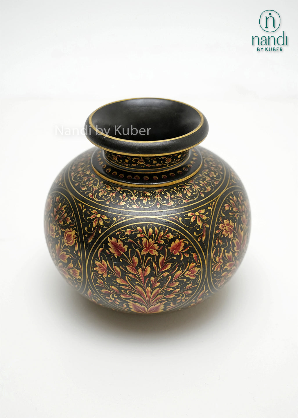 Decorative hand-painted marble matka vase with ornate floral artwork and gold detailing on a black finish, showcasing traditional Indian craftsmanship for luxury home décor and elegant interior styling.