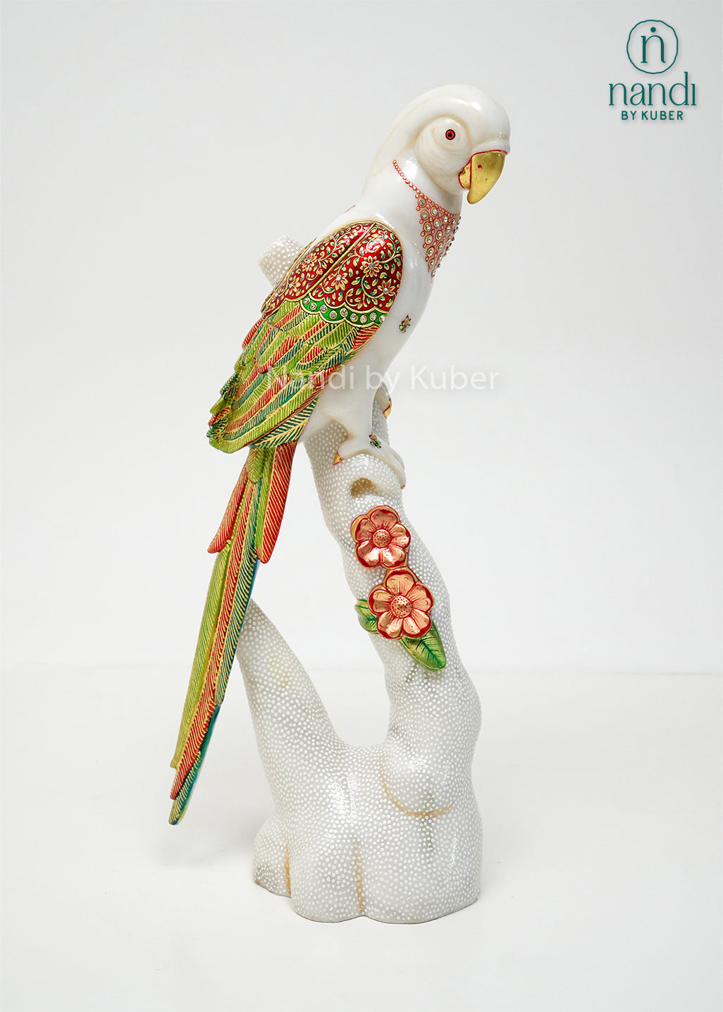 Handcrafted marble parrot statue with colorful hand-painted floral detailing and decorative branch stand, ideal for home décor, bird figurine collections, gifting, and luxury interior decoration.