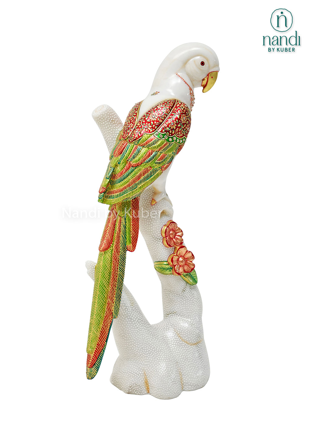 Handcrafted marble parrot statue with colorful hand-painted floral detailing and decorative branch stand, ideal for home décor, bird figurine collections, gifting, and luxury interior decoration.