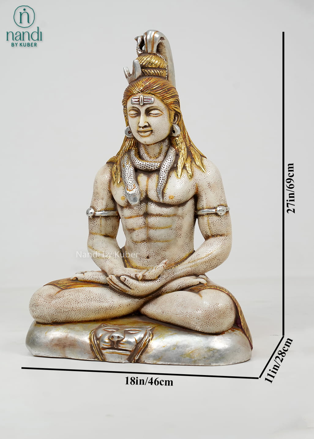 White marble-style Lord Shiva statue in a meditative pose with sacred adornments, antique gold accents, and a decorative pedestal base.