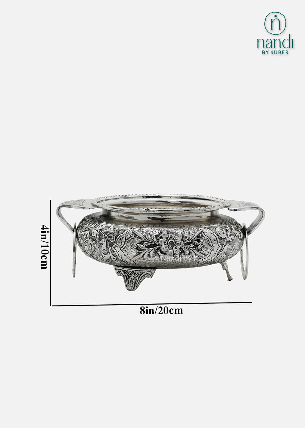Decorative silver metal serving bowl with handles and intricate floral carving