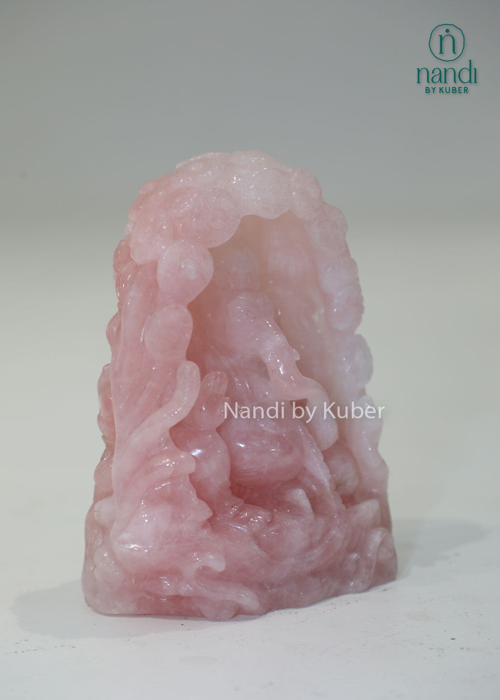 Rose quartz Ganesha under tree statue, natural pink gemstone Lord Ganesh idol for love, peace, prosperity, Vastu décor, meditation space, home temple, office decoration, and spiritual gifting.