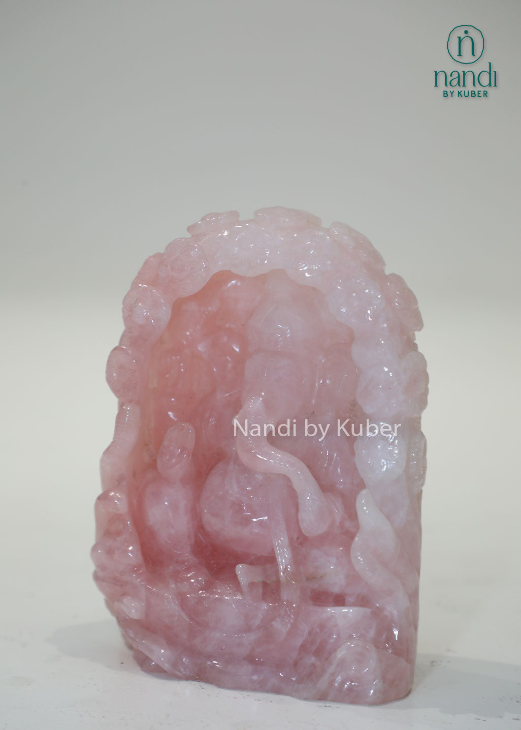 Rose quartz Ganesha under tree statue, natural pink gemstone Lord Ganesh idol for love, peace, prosperity, Vastu décor, meditation space, home temple, office decoration, and spiritual gifting.