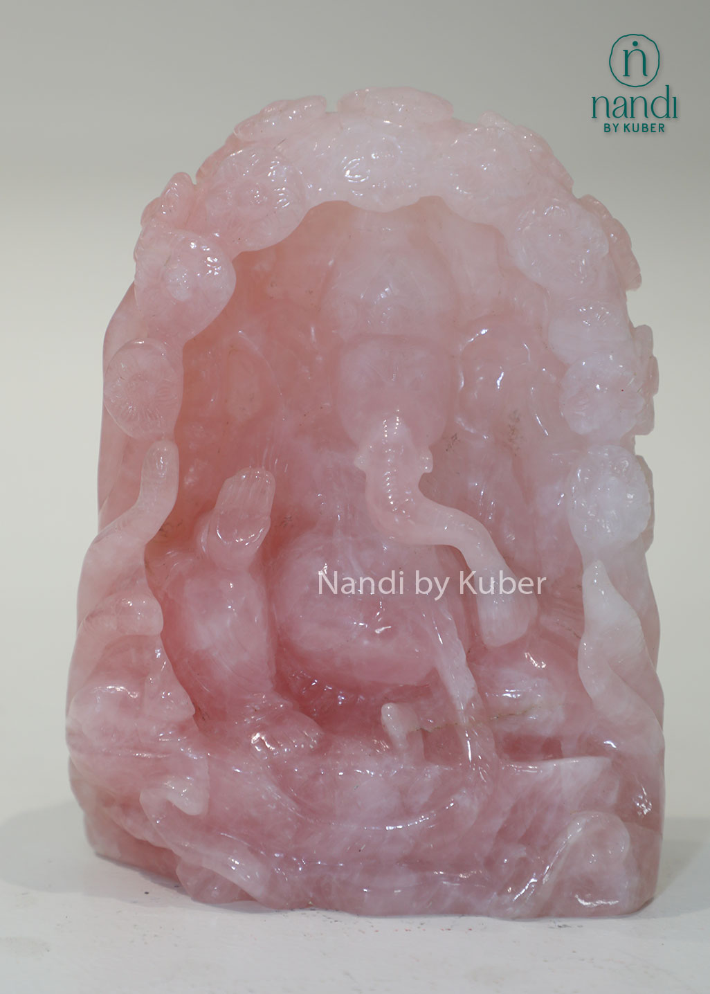 Rose quartz Ganesha under tree statue, natural pink gemstone Lord Ganesh idol for love, peace, prosperity, Vastu décor, meditation space, home temple, office decoration, and spiritual gifting.