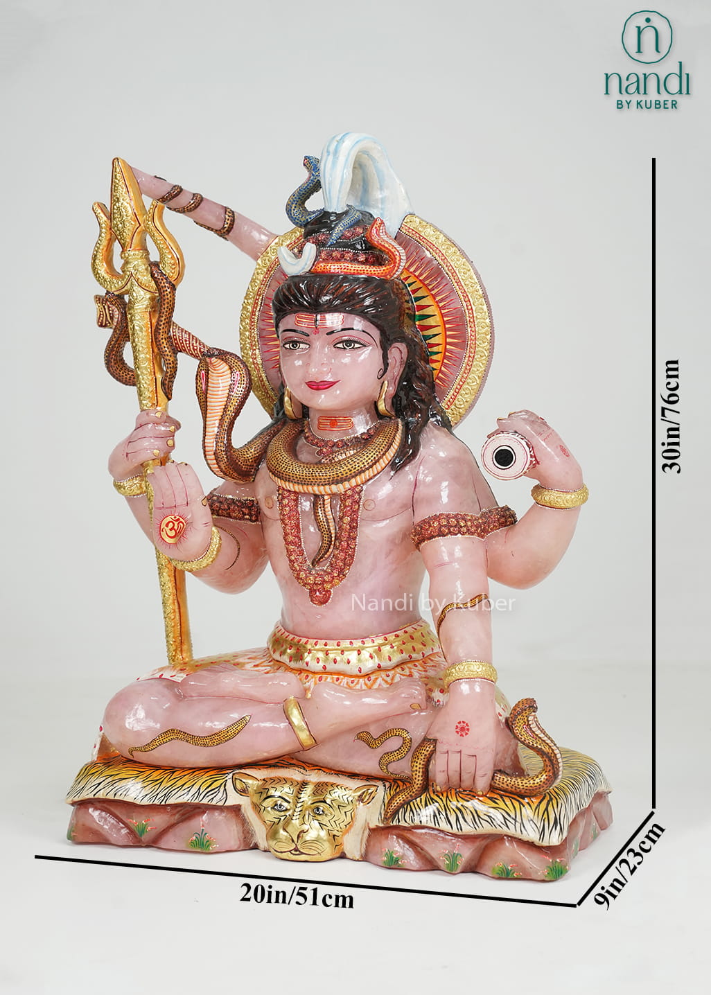 Rose quartz Lord Shiva statue with trident, serpent detailing, and gold accents