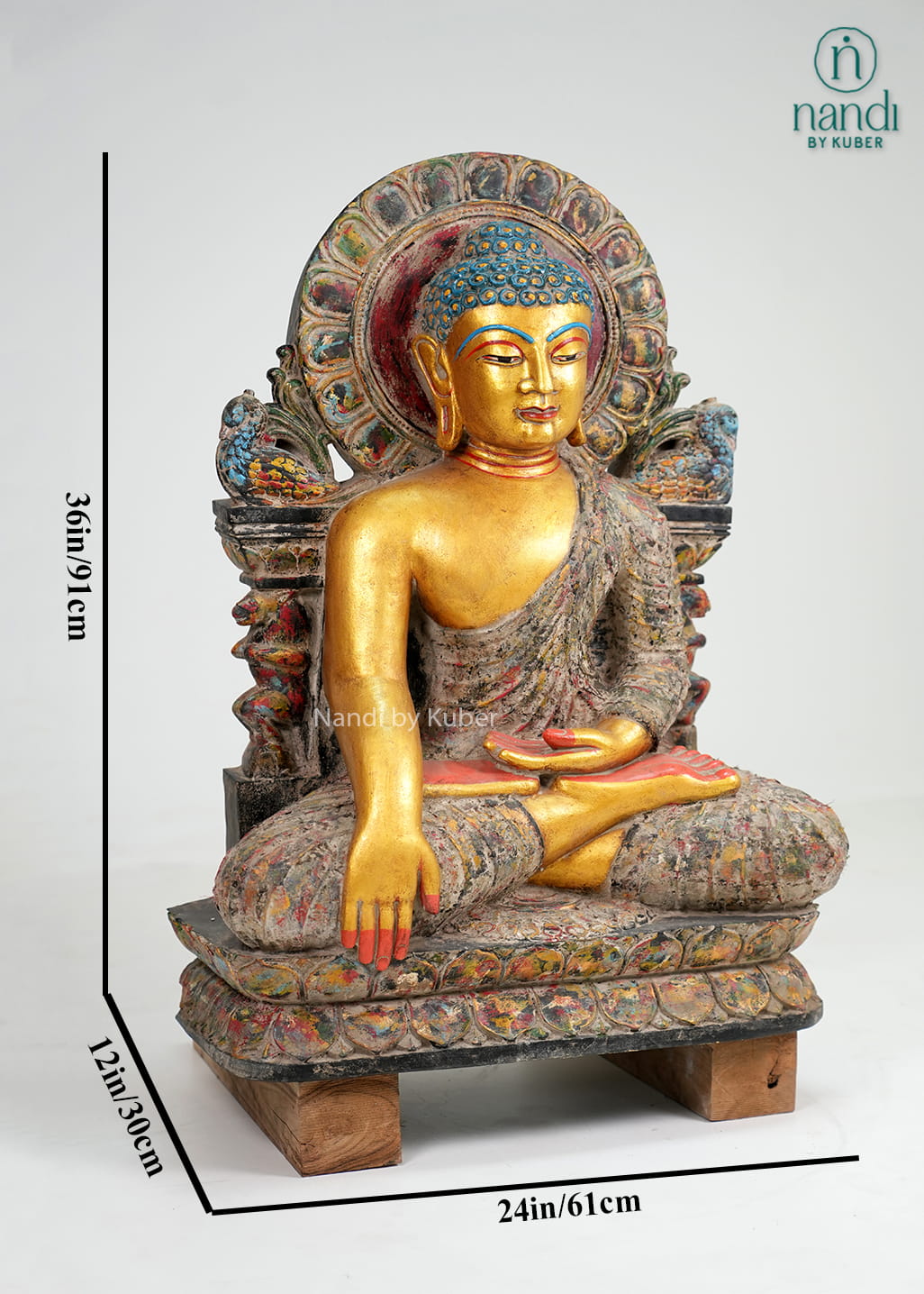 Antique-finish seated Buddha statue with gold-tone detailing, ornate arch backdrop, and handcrafted decorative artistry.