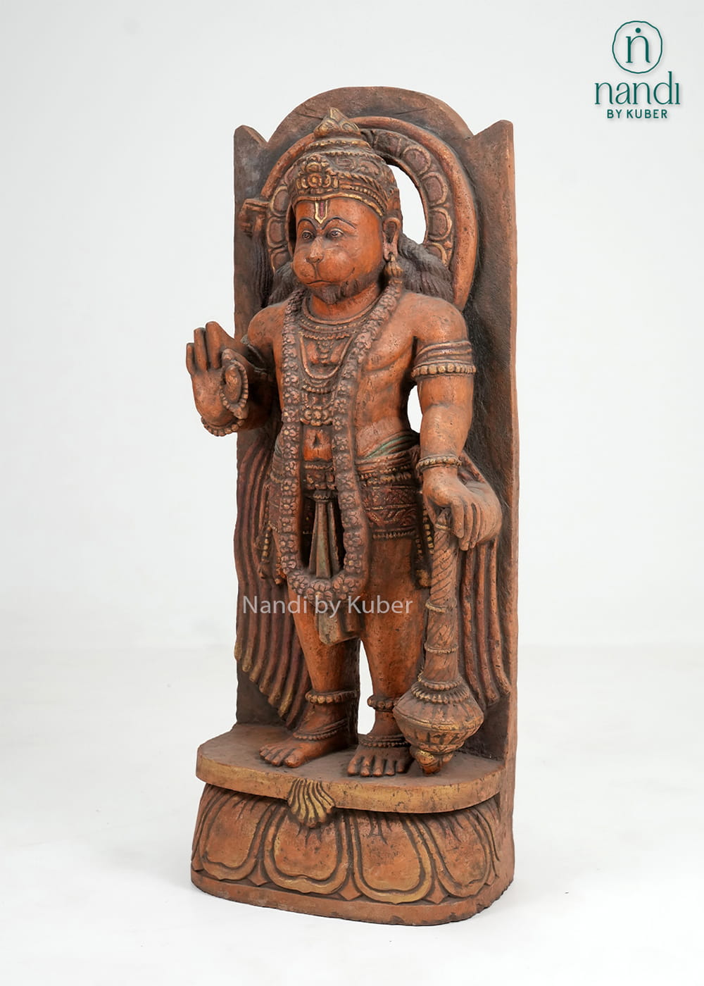 Standing Lord Hanuman statue with intricate stone-finish detailing