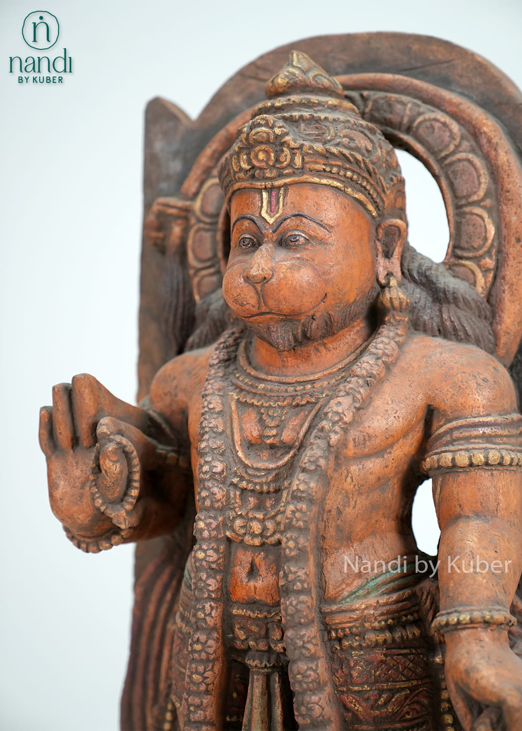 Standing Lord Hanuman statue with intricate stone-finish detailing