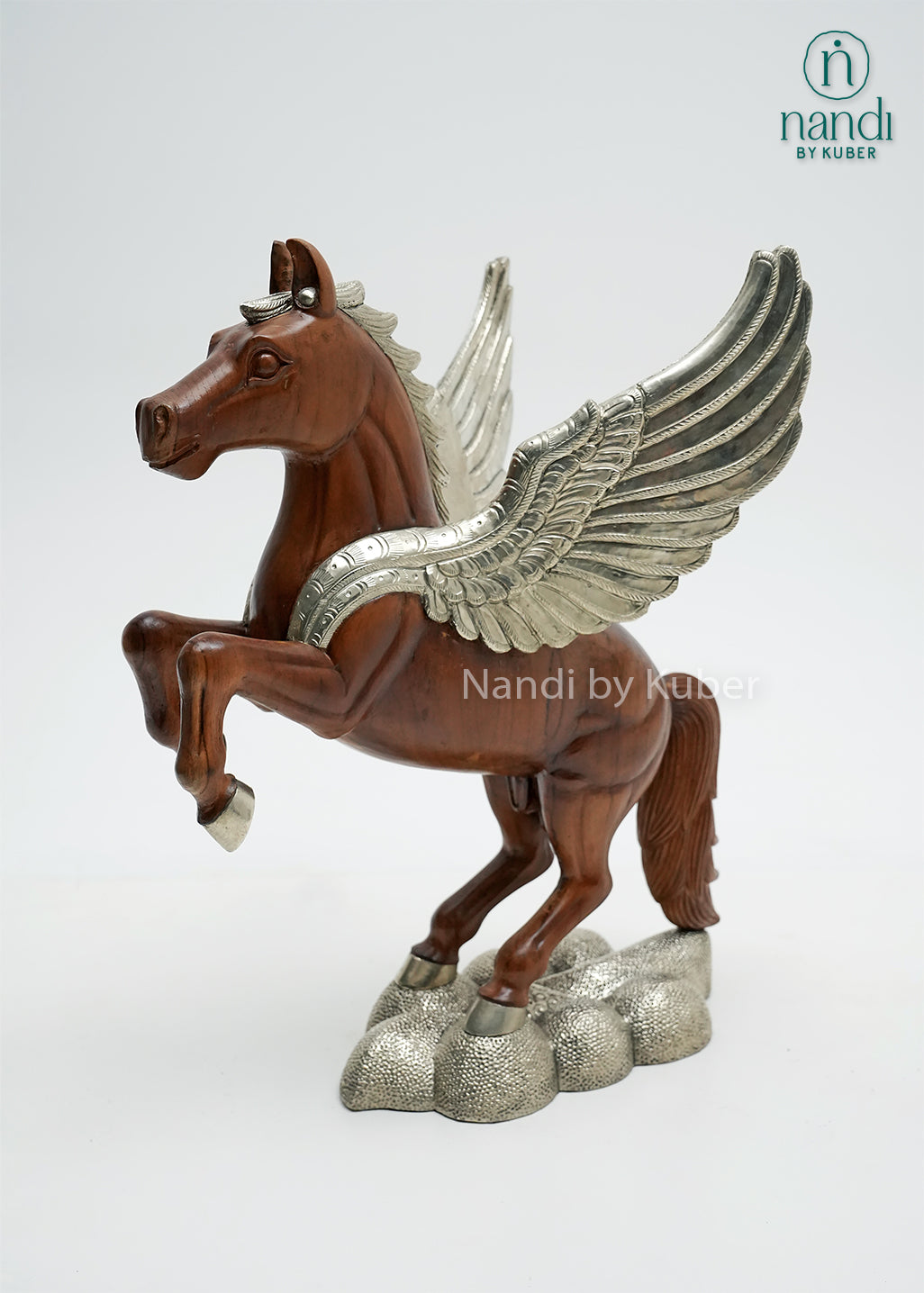 Decorative Pegasus horse statue crafted from wood and metal, showcasing silver wings, elegant detailing, and a cloud-style pedestal, ideal for luxury home décor and collectible displays.