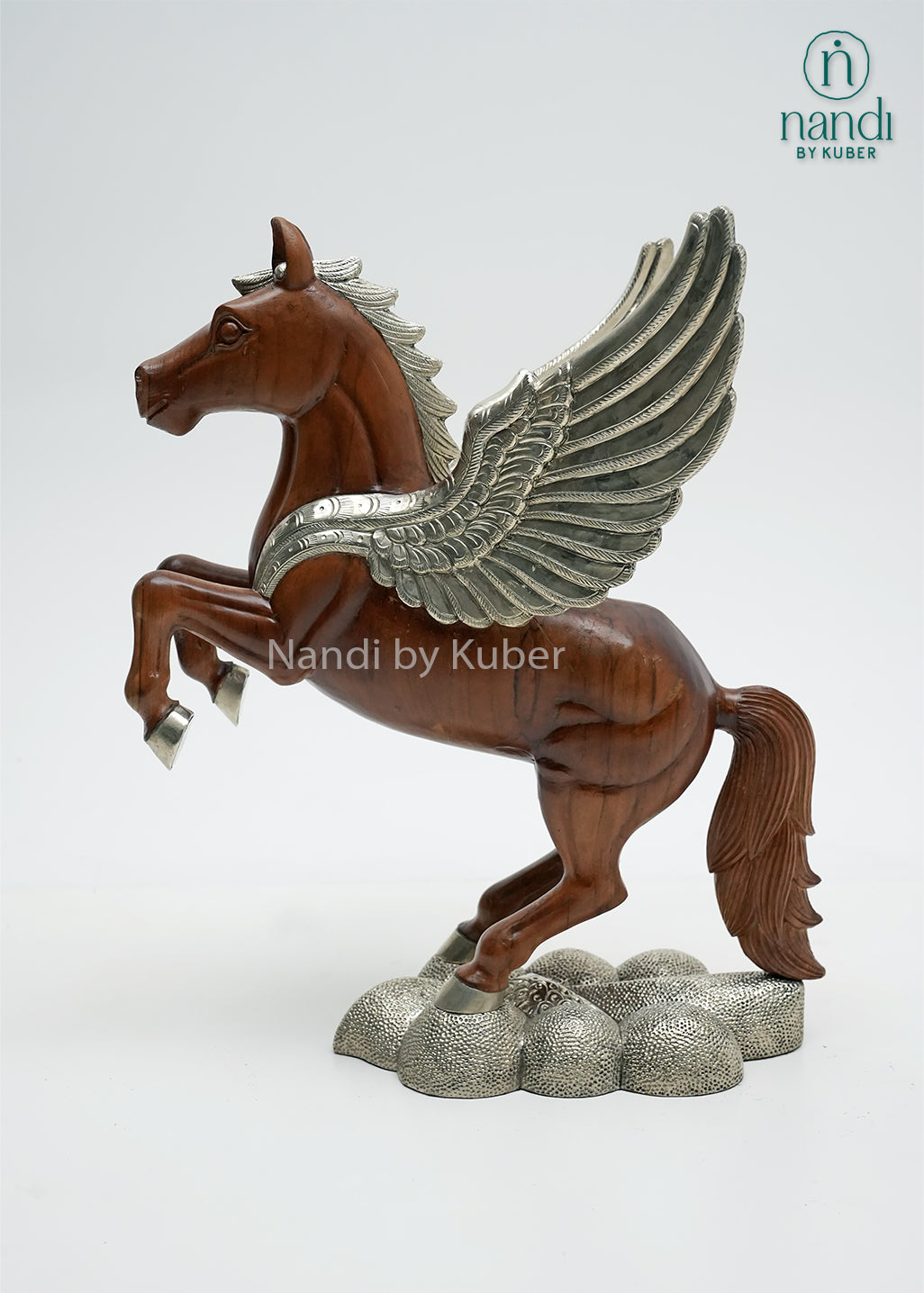 Decorative Pegasus horse statue crafted from wood and metal, showcasing silver wings, elegant detailing, and a cloud-style pedestal, ideal for luxury home décor and collectible displays.