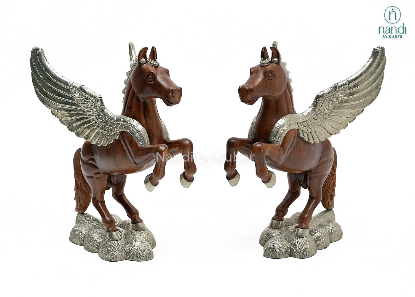 Decorative Pegasus horse statue crafted from wood and metal, showcasing silver wings, elegant detailing, and a cloud-style pedestal, ideal for luxury home décor and collectible displays.