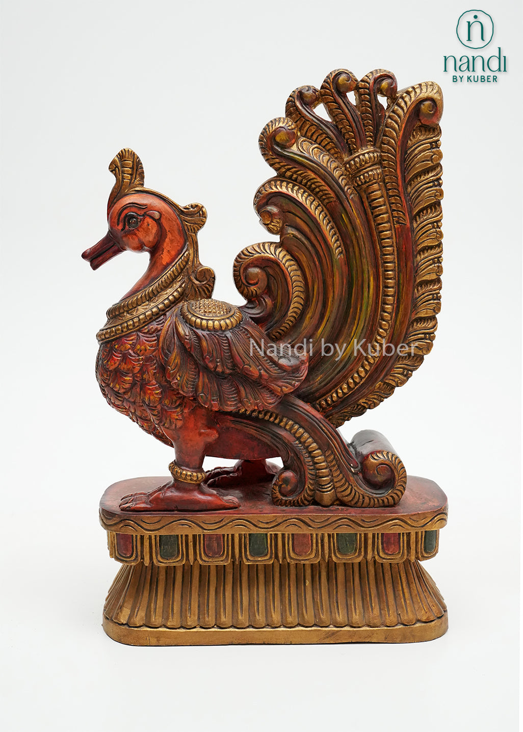 Traditional wooden Annam bird statue with ornate carvings, decorative tail feathers, and carved pedestal base, ideal for home décor, heritage interiors, and artistic display.