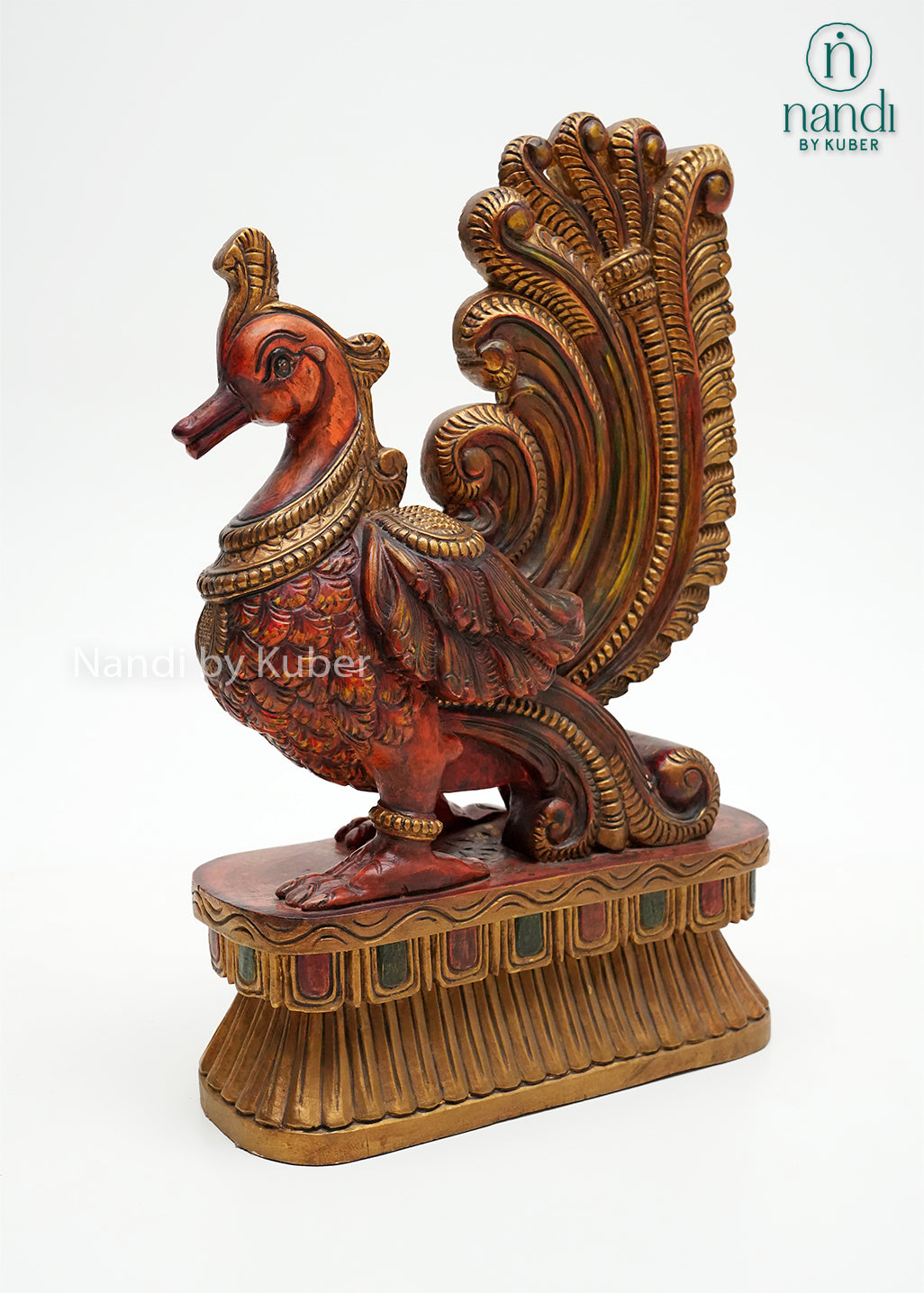 Traditional wooden Annam bird statue with ornate carvings, decorative tail feathers, and carved pedestal base, ideal for home décor, heritage interiors, and artistic display.