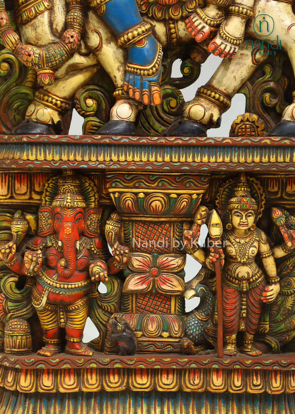 Handcrafted wooden wall panel featuring Lord Shiva, Goddess Parvati, and Nandi with intricate carvings and vibrant detailing, perfect for spiritual and decorative spaces.
