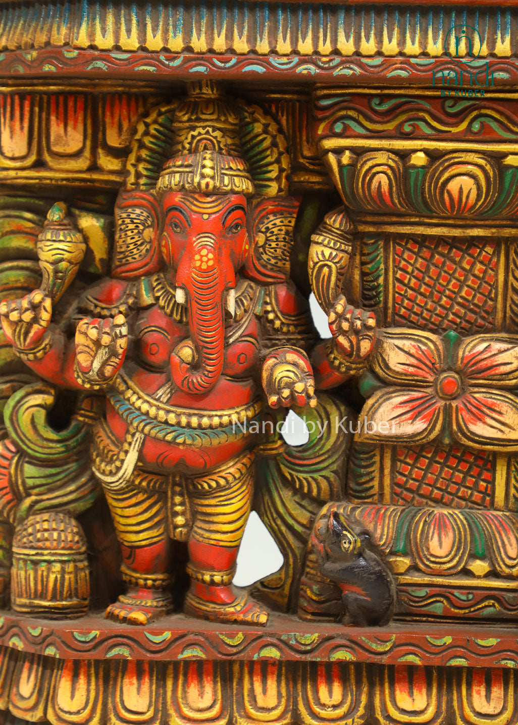 Handcrafted wooden wall panel featuring Lord Shiva, Goddess Parvati, and Nandi with intricate carvings and vibrant detailing, perfect for spiritual and decorative spaces.