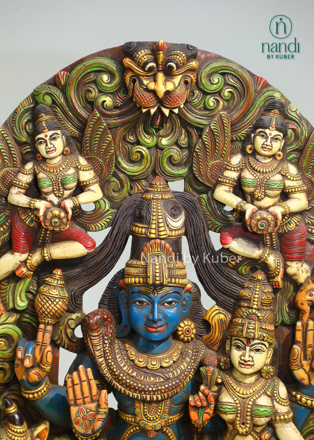 Handcrafted wooden wall panel featuring Lord Shiva, Goddess Parvati, and Nandi with intricate carvings and vibrant detailing, perfect for spiritual and decorative spaces.