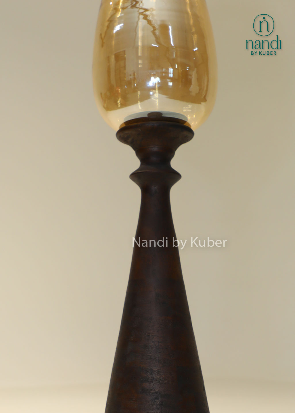 Wooden bottle candle holder with amber glass shade, handcrafted decorative candle stand for home décor, table centerpiece, ambient lighting, festive decoration, rustic interiors, and modern living spaces.
