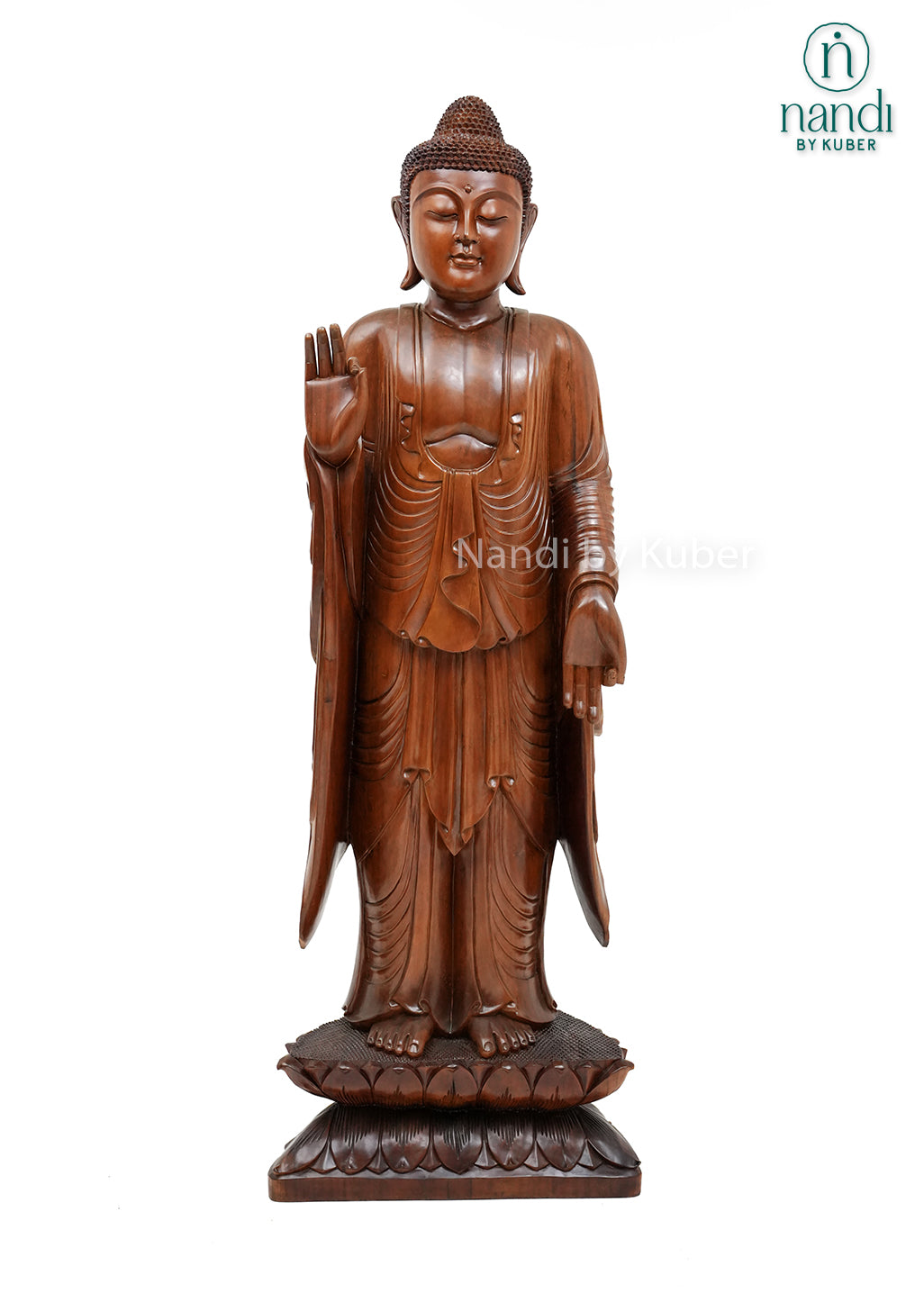 Handcrafted wooden standing Buddha statue with detailed robes, blessing gesture, and lotus base, ideal for meditation spaces, spiritual décor, home interiors, and thoughtful gifting.