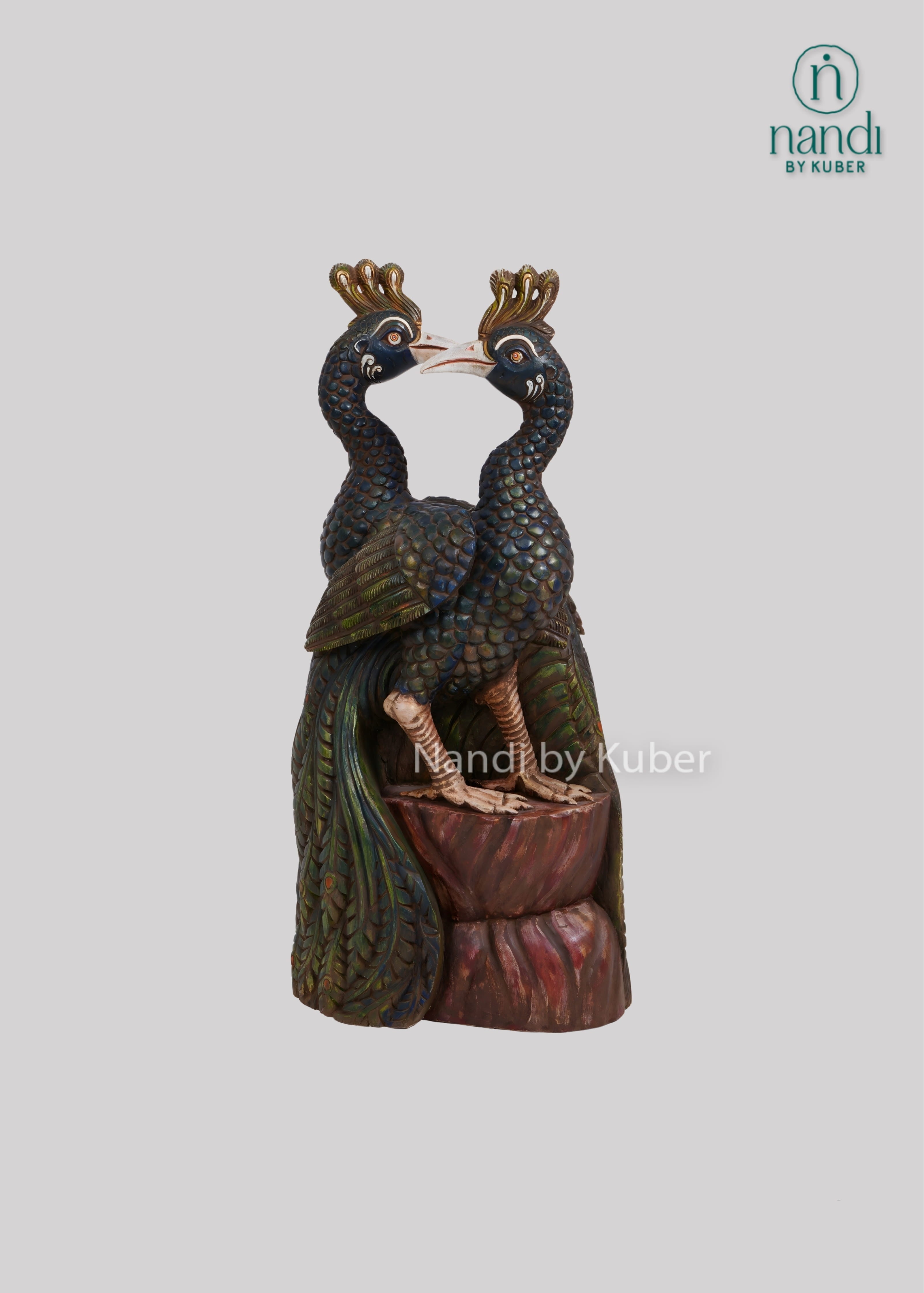 Wooden double peacock decorative figurine