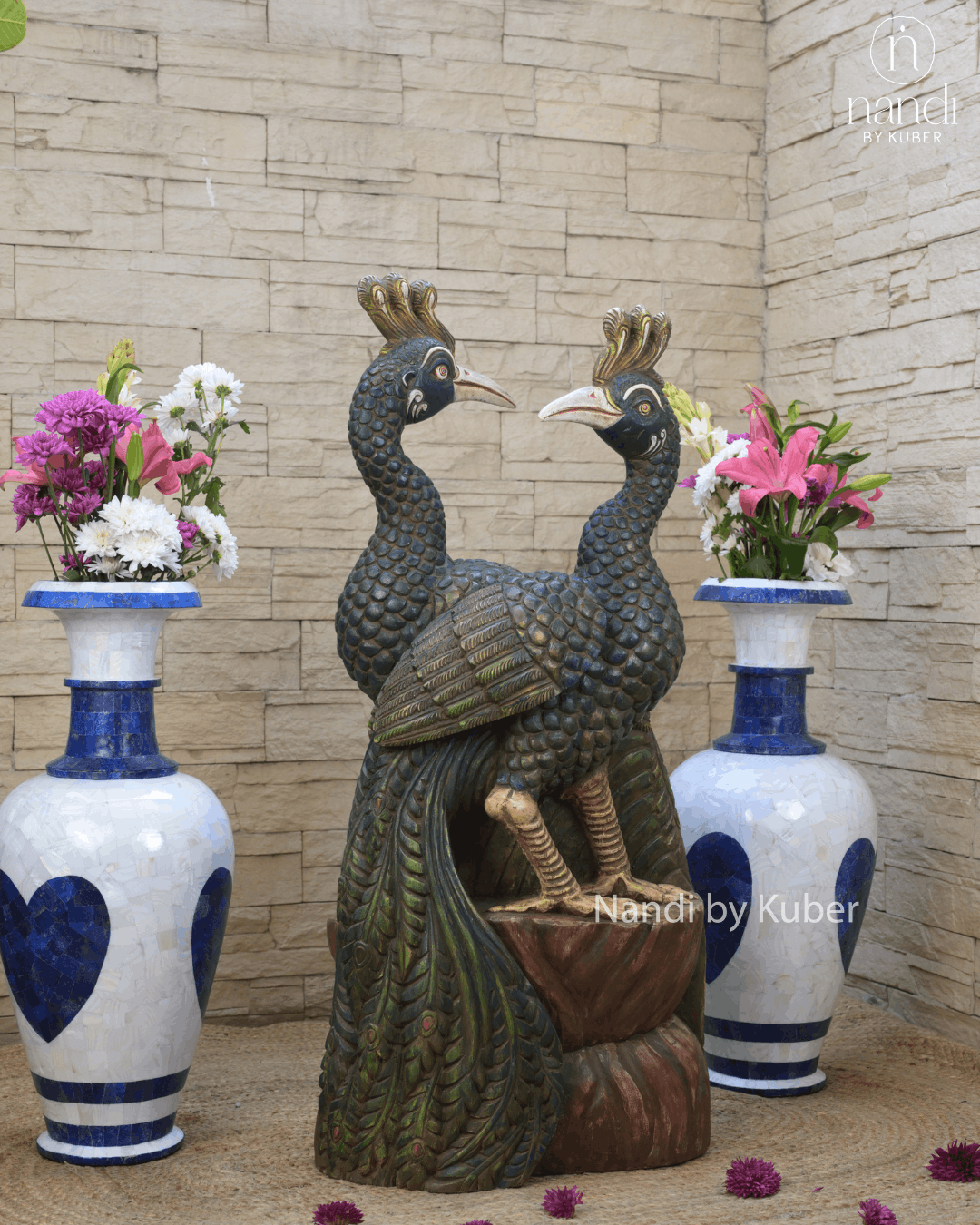 Wooden double peacock decorative figurine