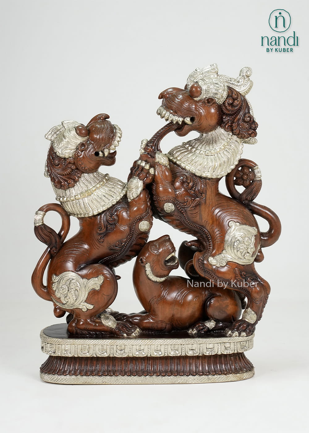Wood-tone double Yali sculpture