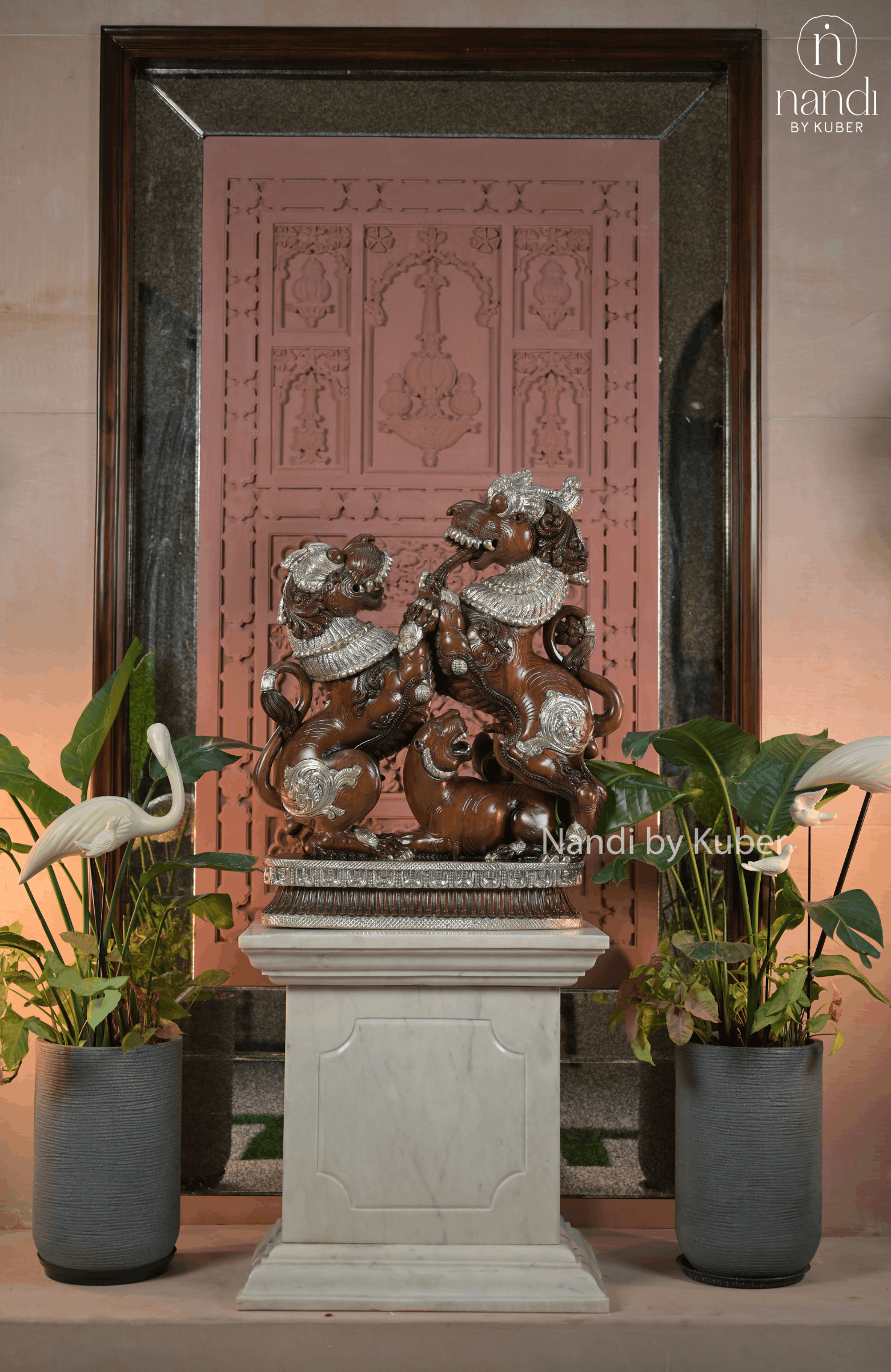 Wood-tone double Yali sculpture