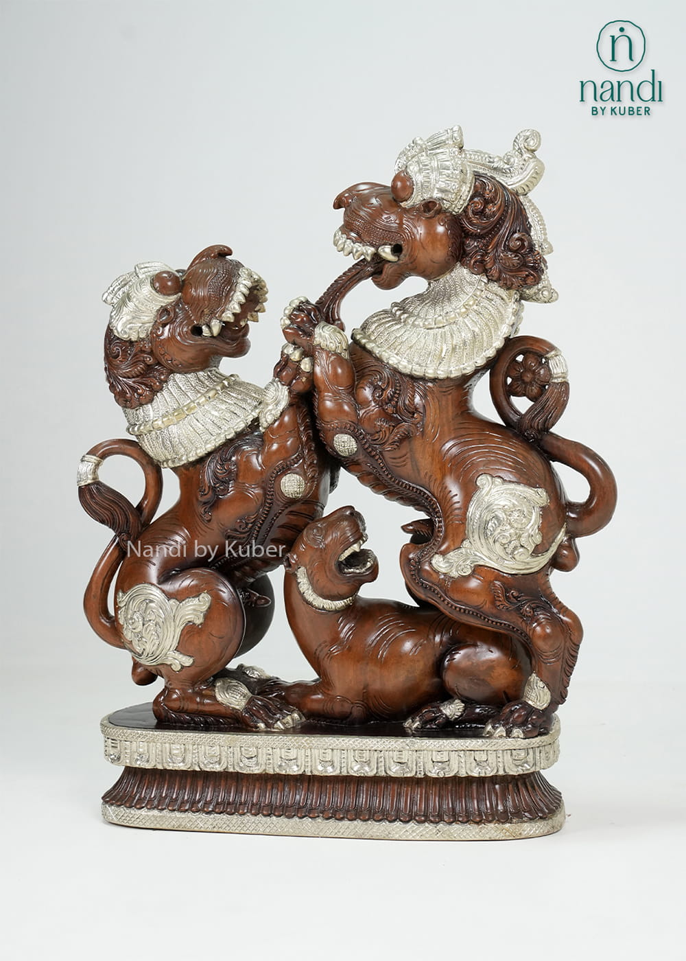 Wood-tone double Yali sculpture
