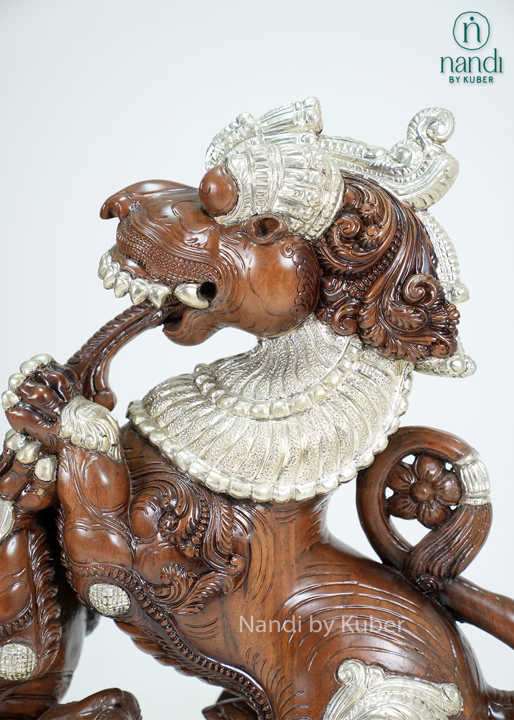 Wood-tone double Yali sculpture