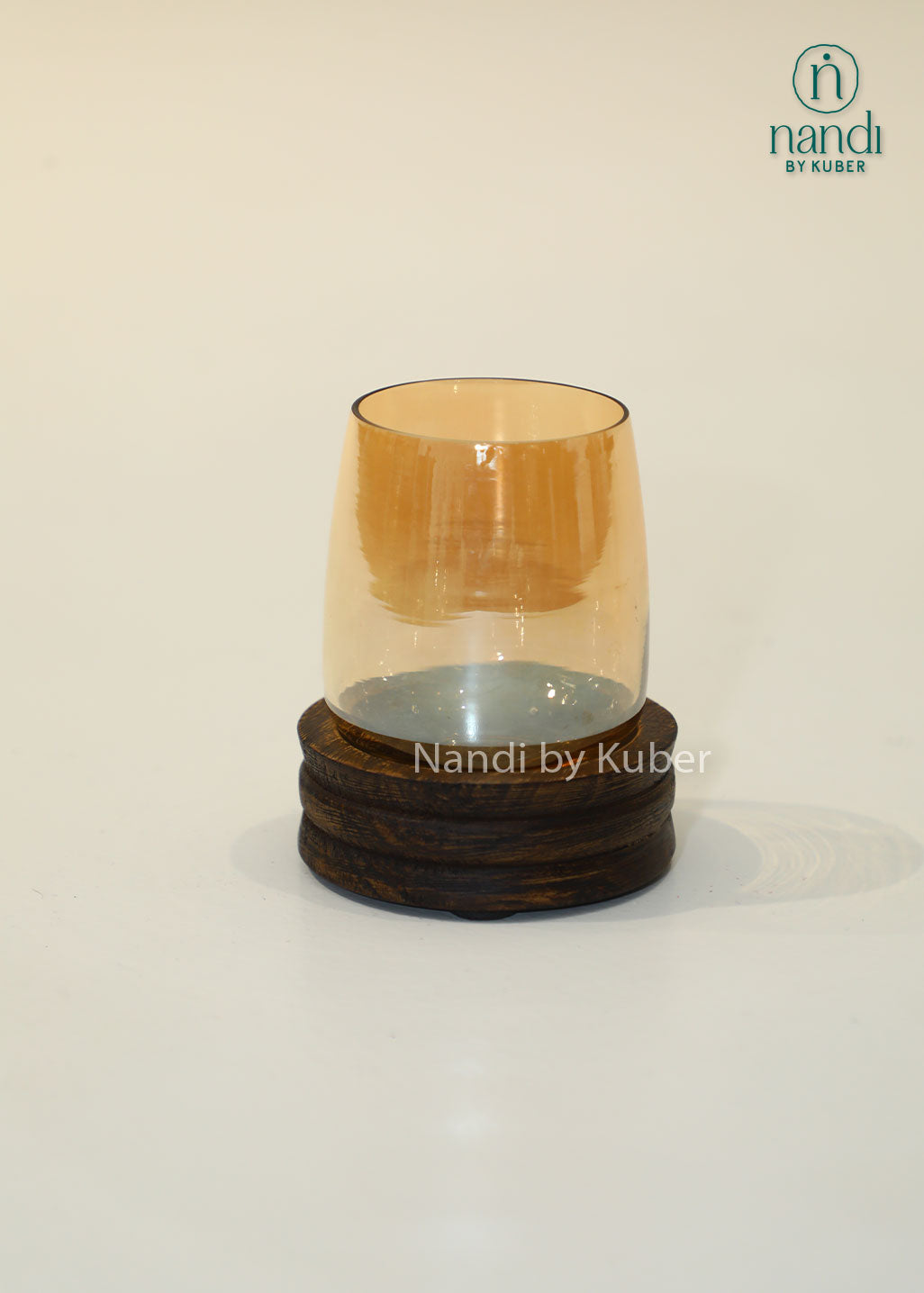 Glass candle holder with wooden base, decorative tealight and votive candle stand for home décor, living room styling, dining table centerpiece, festive decoration, ambient lighting, modern rustic interiors, and gifting.