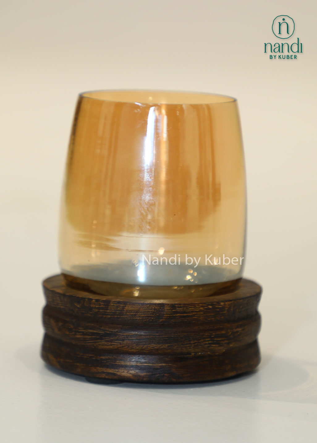 Glass candle holder with wooden base, decorative tealight and votive candle stand for home décor, living room styling, dining table centerpiece, festive decoration, ambient lighting, modern rustic interiors, and gifting.