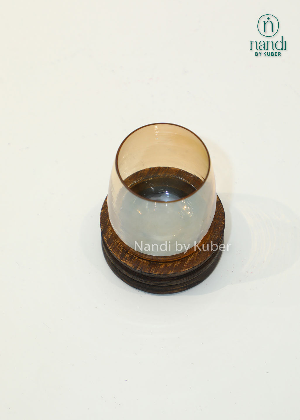 Glass candle holder with wooden base, decorative tealight and votive candle stand for home décor, living room styling, dining table centerpiece, festive decoration, ambient lighting, modern rustic interiors, and gifting.