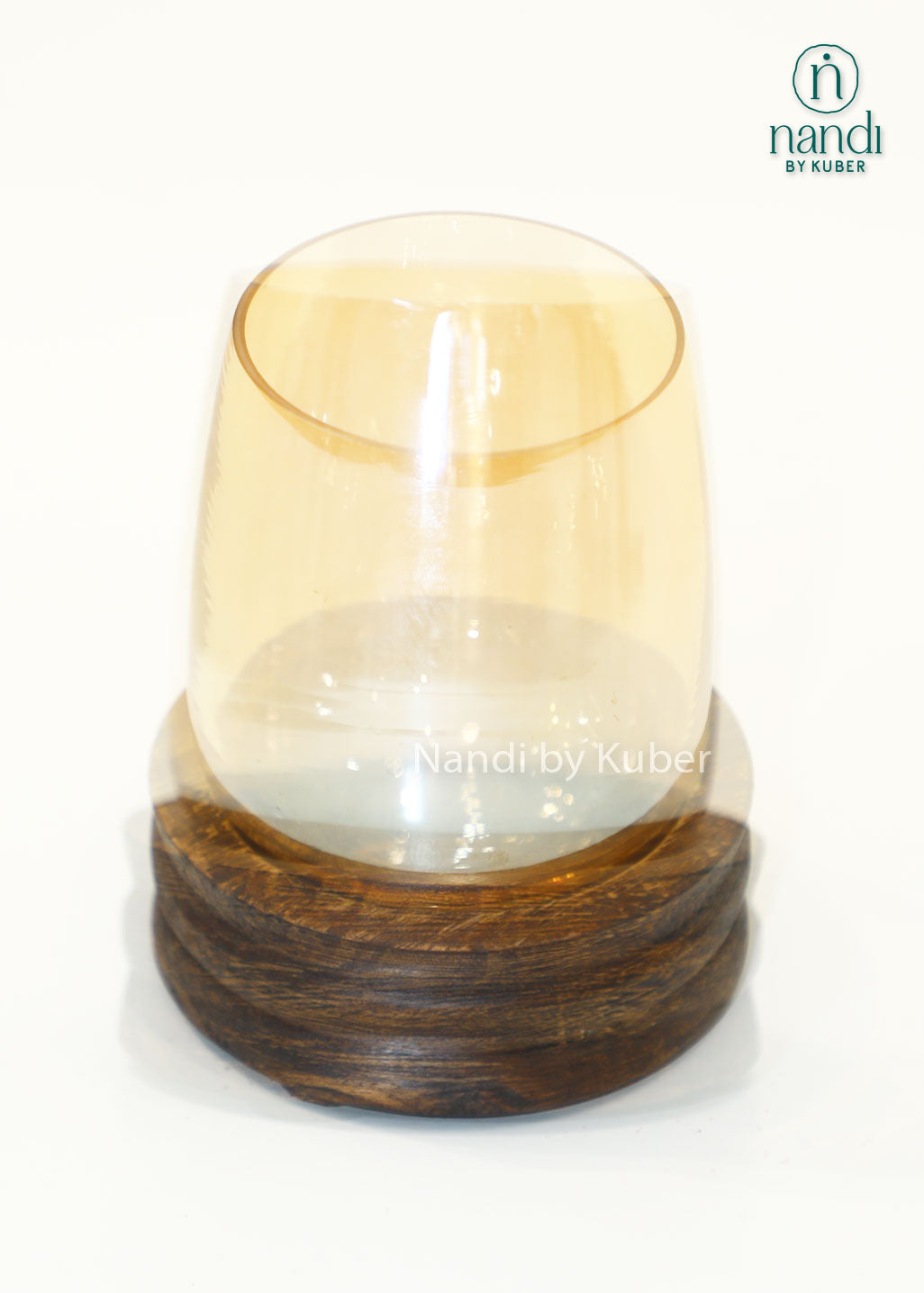 Glass candle holder with wooden base, decorative tealight and votive candle stand for home décor, living room styling, dining table centerpiece, festive decoration, ambient lighting, modern rustic interiors, and gifting.