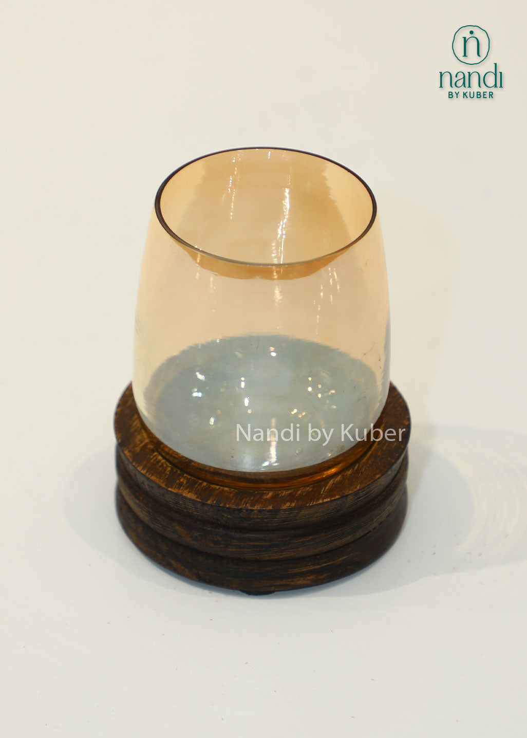 Glass candle holder with wooden base, decorative tealight and votive candle stand for home décor, living room styling, dining table centerpiece, festive decoration, ambient lighting, modern rustic interiors, and gifting.