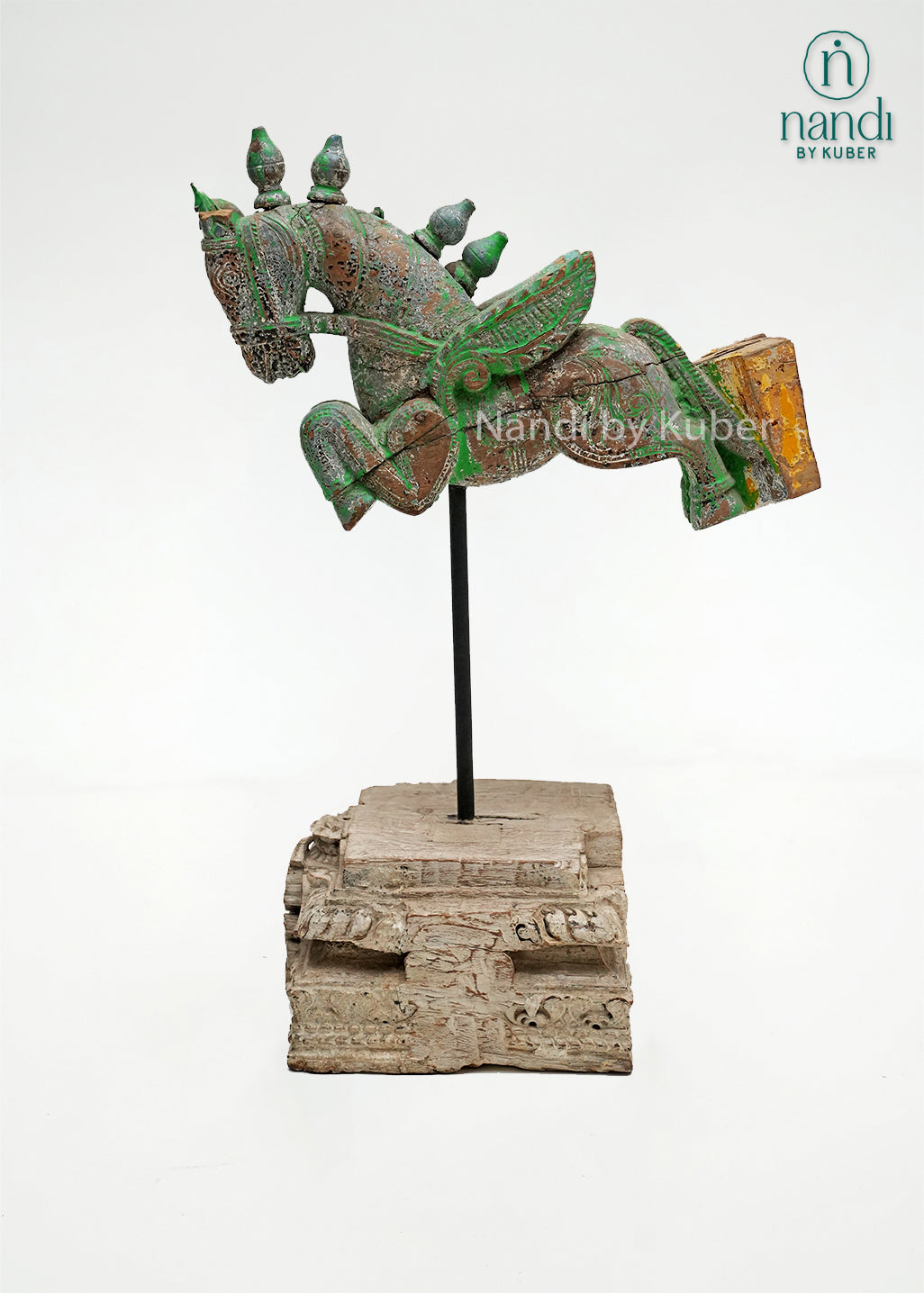 Decorative wooden horse figurine with vintage green finish, mounted on an iron stand and reclaimed wood base, ideal for rustic, bohemian, and heritage-inspired home décor.