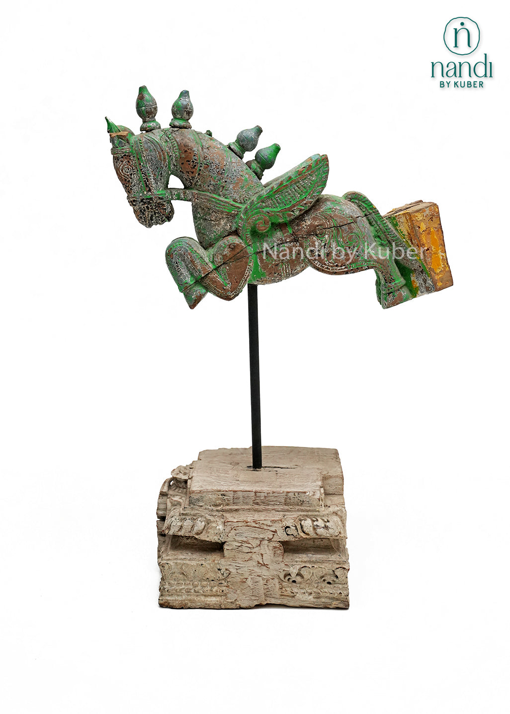 Decorative wooden horse figurine with vintage green finish, mounted on an iron stand and reclaimed wood base, ideal for rustic, bohemian, and heritage-inspired home décor.