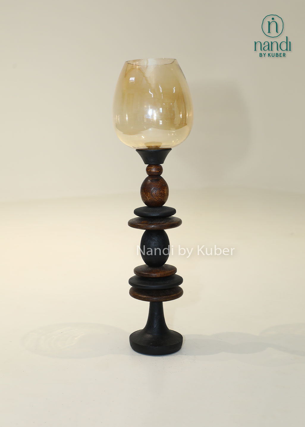 Handcrafted wooden hurricane candle holder with amber glass shade, decorative tabletop lantern, rustic home décor accent, elegant candle stand for living room, dining table, and festive decoration.