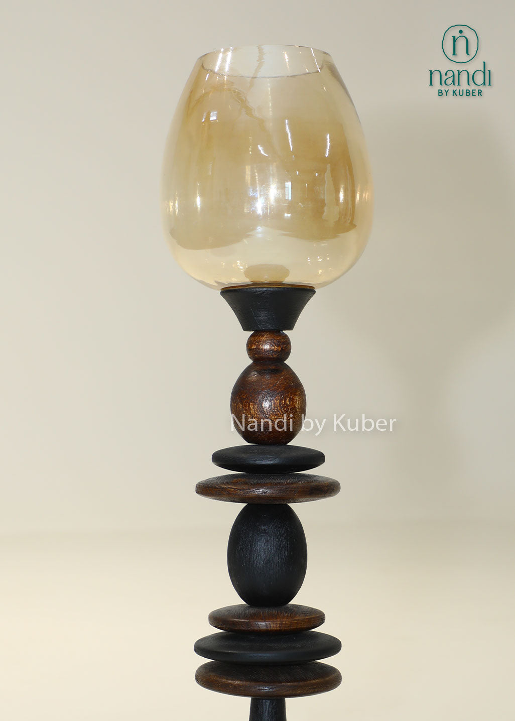 Handcrafted wooden hurricane candle holder with amber glass shade, decorative tabletop lantern, rustic home décor accent, elegant candle stand for living room, dining table, and festive decoration.