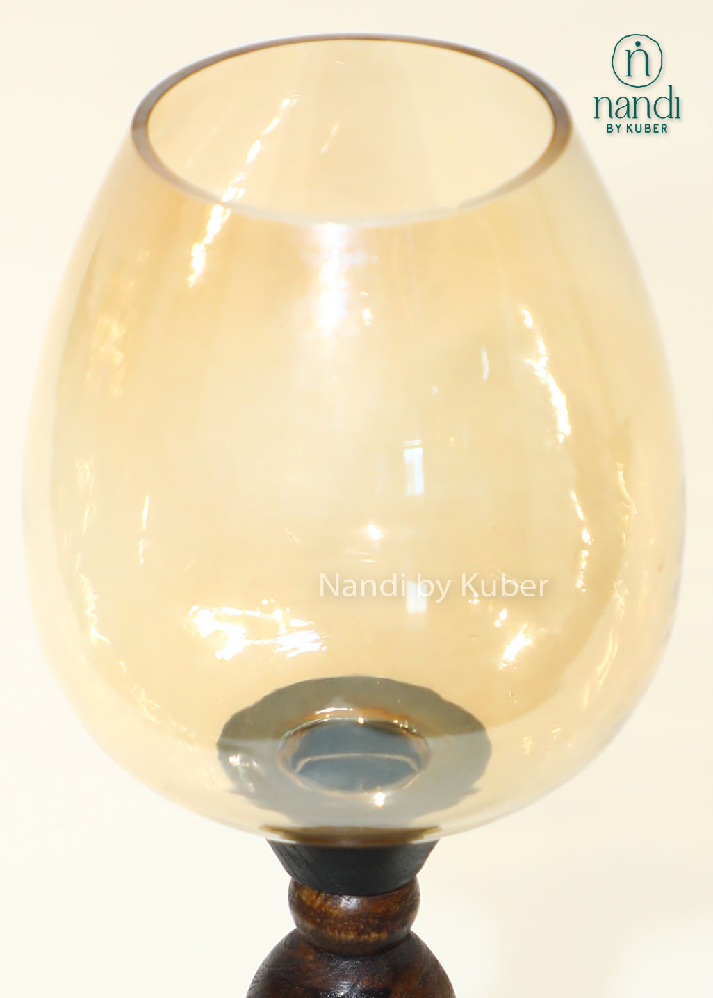 Handcrafted wooden hurricane candle holder with amber glass shade, decorative tabletop lantern, rustic home décor accent, elegant candle stand for living room, dining table, and festive decoration.
