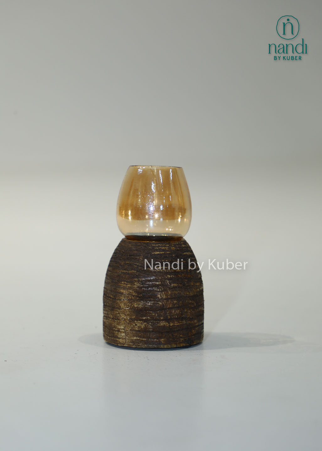 Wooden igloo candle holder with amber glass shade, handcrafted decorative candle stand for home décor, table centerpiece, ambient lighting, festive decoration, rustic styling, and modern interior accents.