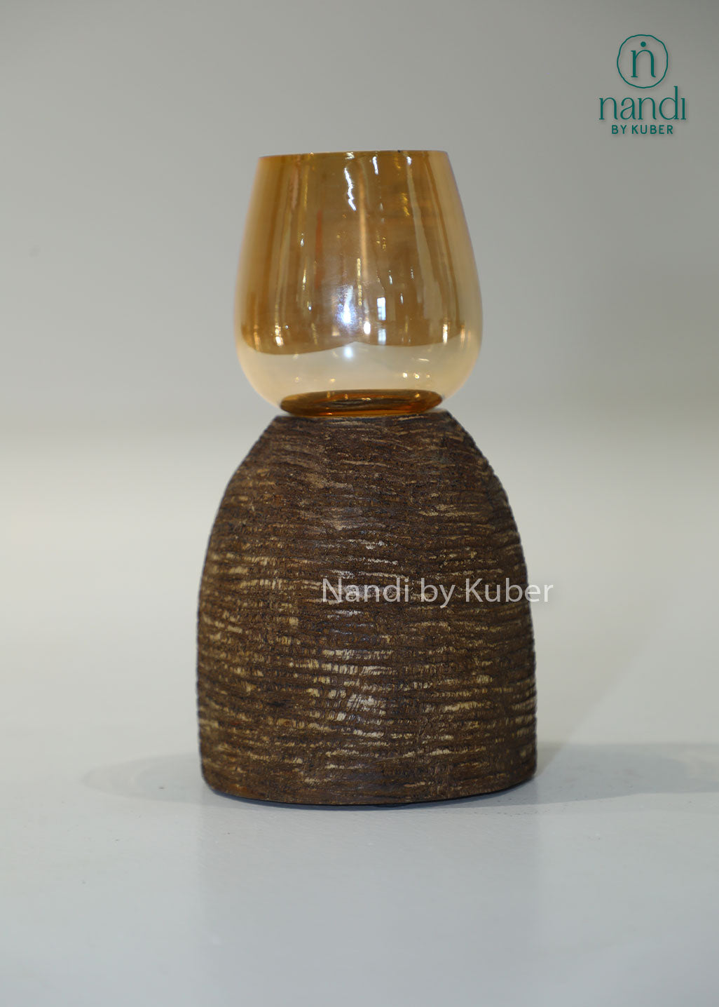 Wooden igloo candle holder with amber glass shade, handcrafted decorative candle stand for home décor, table centerpiece, ambient lighting, festive decoration, rustic styling, and modern interior accents.