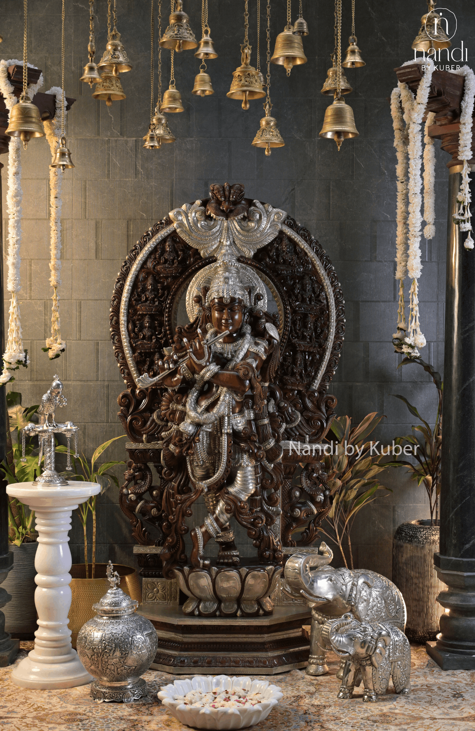 Wood-tone and ivory-finish Lord Krishna statue with ornate carved arch, flute, and decorative pedestal base.