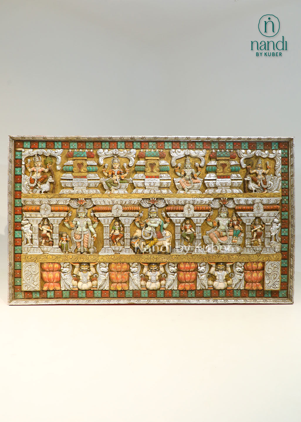Handcrafted wooden wall panel with intricate Krishna-inspired carvings and hand-painted detailing, perfect for adding traditional elegance and cultural charm to any space.