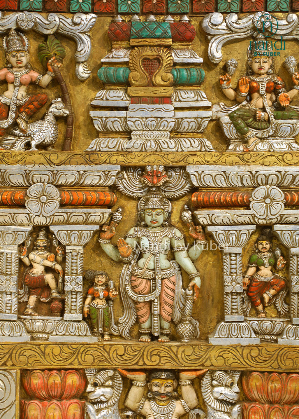 Handcrafted wooden wall panel with intricate Krishna-inspired carvings and hand-painted detailing, perfect for adding traditional elegance and cultural charm to any space.