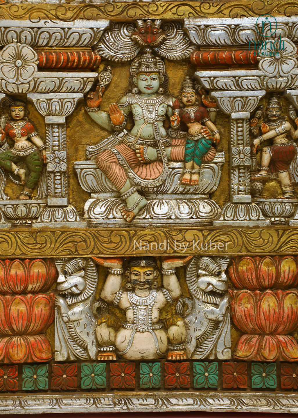 Handcrafted wooden wall panel with intricate Krishna-inspired carvings and hand-painted detailing, perfect for adding traditional elegance and cultural charm to any space.