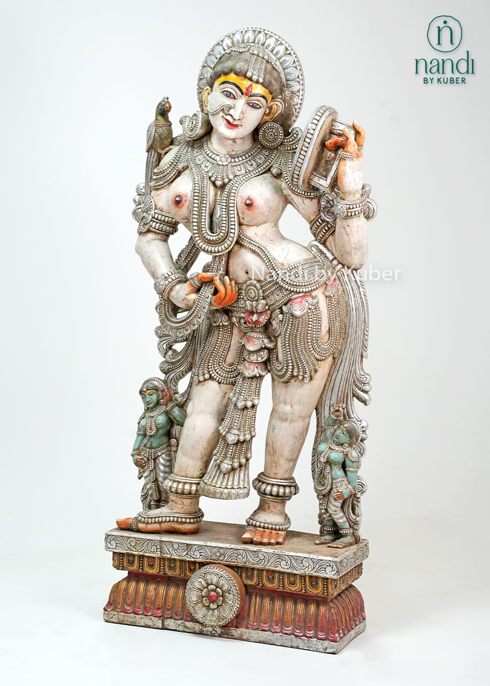 Decorative lady statue with mirror and traditional handcrafted detailing