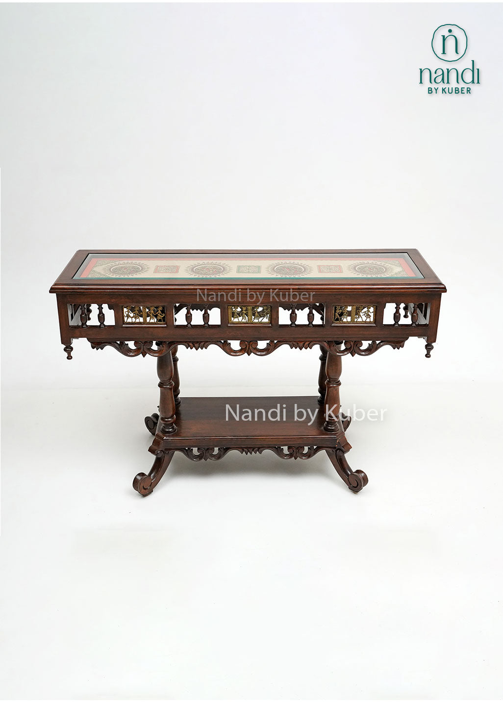 Handcrafted ornate wooden table with intricate carvings, decorative lattice details, patterned tabletop, and lower storage shelf, ideal for traditional, vintage, and luxury home décor settings.